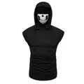 Men's casual black hooded short sleeve T-shirt with unique skull print face mask - M / Tops / Black