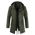 Men's slim-fit solid olive green hooded spring jacket with zipper and button closure - M / Tops / Army Green