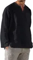 Casual men's black long sleeve V-neck shirt with pocket in breathable linen-like fabric - S / Tops / Black