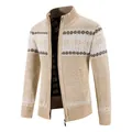 Warm fleece-lined men's knitted cardigan featuring a snowflake pattern and stand collar zipper - M / Tops / Beige