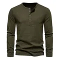 Men's casual olive green long-sleeve Henley T-shirt with four-button placket detail. - Army Green