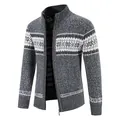 Detail view of men's gray knitted cardigan with snowflake pattern and fleece lining - M / Tops / Dark Gray