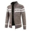 Detailed view of men's fleece-lined knit cardigan with snowflake pattern and zipper - M / Tops / Coffee