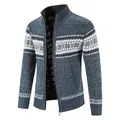Men's snowflake knit cardigan jacket with fleece lining and stand collar in blue. - M / Tops / Blue Gray