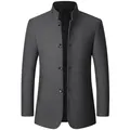 Men's premium charcoal grey wool jacket with elegant stand collar and quilted lining - Gray