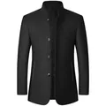 Classic black men's wool jacket featuring a stand collar and warm quilted lining - Black