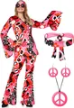 Detail showing pink hippie costume set with flared pants, headband, and peace jewelry - S / Set / Pink Print