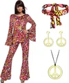 Complete women's 70s hippie costume set including floral flare pants and peace jewelry - S / Set / Red Floral