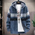 Men's winter fleece-lined hooded knitted cardigan jacket with color-block design - M / Tops / Blue