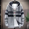 Men's thick fleece-lined hooded cardigan featuring a color block striped knit design. - M / Tops / Light Gray
