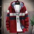 Men's thick fleece-lined hooded knit cardigan with stylish red and navy color-block stripes. - M / Tops / Burgundy