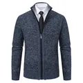 Men's thick knitted cardigan sweater with stand collar and zipper closure in blue melange - M / Tops / Blue Gray