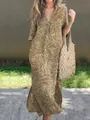 Detail of olive green maxi dress with white rose line-art floral print - S / Dresses / Olive Floral (Color 1)