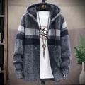 Men's winter fleece-lined hooded cardigan with a stylish grey color-block knit pattern - M / Tops / Dark Gray