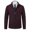 Men's premium thick zip-up knit cardigan sweater in burgundy color with stand collar - Burgundy
