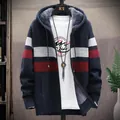 Men's navy and red color-blocked hooded knit cardigan jacket with warm fleece lining - Navy Blue