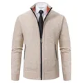 Premium thick men's beige knitted cardigan jacket with front zipper and stand collar - Beige