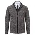 Men's warm thick stand-collar zip-up knit cardigan sweater in brown marl finish - Coffee