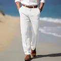 Men's white linen straight-leg trousers for summer beach wear, breathable and stylish. - S / Bottoms / White
