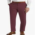 A detailed view of men's fashionable wine red breathable linen trousers with a leather belt - Burgundy
