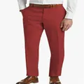 Detail view of men's breathable red linen trousers with a mid-waist straight cut. - Brick Red