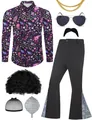 Full 70s disco costume set with paisley shirt, bell-bottoms, and afro wig accessories - S / Purple Paisley Top And Bottom With Accessories