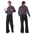 Front and back views of a 70s retro disco outfit with paisley shirt and flared pants - S / Pinkish Purple Floral Set