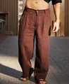 Detail shot of brown linen wide-leg pants for men with breathable pleated fabric. - S / Bottoms / Dark Brown