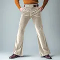 Detailed view of men's slim fit gold velvet flare pants featuring an elegant metallic sheen - Khaki