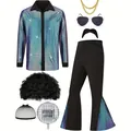 Complete men's 70s retro disco performance costume set with shiny shirt and flare pants - S / Top And Bottom / Full Set With Accessories 2