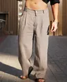Detailed view of men's breathable khaki linen pleated wide-leg trousers for summer - S / Bottoms / Khaki