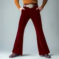 Stylish men's slim fit burgundy velvet flare pants featuring a vintage decorative belt - S / Bottoms / Dark Red