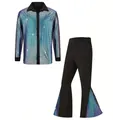 Men's 70s retro disco performance outfit with shiny blue sequin shirt and flare pants - S / Top And Bottom