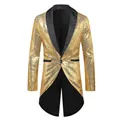 Close-up of the elegant gold sequin men's tuxedo tailcoat with black satin lapel. - M / Tops / Gold
