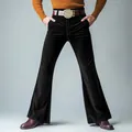 Men's elegant black velvet flare trousers with slim fit design for formal occasions - S / Bottoms / Black