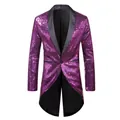 Detail view of men's purple sequin tuxedo jacket with black satin lapels and tailcoat cut. - M / Tops / Purple