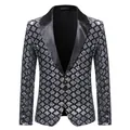 Zilveren pailletten blazer voor heren met ruitpatroon en zwarte revers voor podium - S / Tops / Zilver