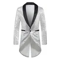 Front view of men's silver sequin tuxedo jacket with black satin lapel and tailcoat hem - M / Tops / Silver