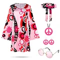 Complete 70s hippie costume set with printed dress, headband, sunglasses and peace accessories - S / Set / Pink