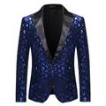 Gedetailleerd overzicht van een herenblazer met blauwe ruiten pailletten en revers - S / Tops / Saffierblauw