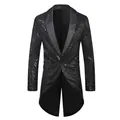 Front view of a men's black sequined tailcoat with satin lapel and one button. - M / Tops / Black