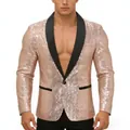 Vue détaillée d'un blazer à paillettes or rose pour homme avec col châle noir élégant - Champagne