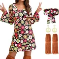 70er Hippie Disco Kostümset mit Blumenkleid, Fransenstulpen und goldenen Friedensohrringen - S / Set / Schwarz