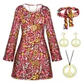 Women's 70s hippie disco costume set including printed dress, headband and peace jewelry - S / Set / Brown