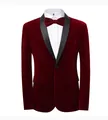 Luxe bordeauxrode fluwelen smokingblazer met zwarte satijnen sjaalkraag en bijpassende strik - M / Set (X30) / Bordeauxrood