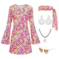 70er Jahre Hippie Disco Kostümset mit Kleid, Stirnband und Party-Accessoires Set - S / Kleider / Rosa