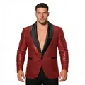 Vooraanzicht van een sprankelende rode heren blazer met pailletten en zwarte revers - S / Tops / Bordeauxrood