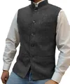 Close-up of men's herringbone waistcoat featuring a classic mandarin collar design - XS / Tops / Gray