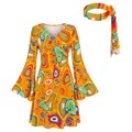 Farbenfrohes 70er Jahre Hippie-Disco-Kostüm-Set mit Kleid und passendem Stirnband - S / Set / Orangefarbener Stein-Druck