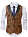 Close-up of men's paisley jacquard suit vest with elegant gold pattern and black lapels. - S / Tops / Tan